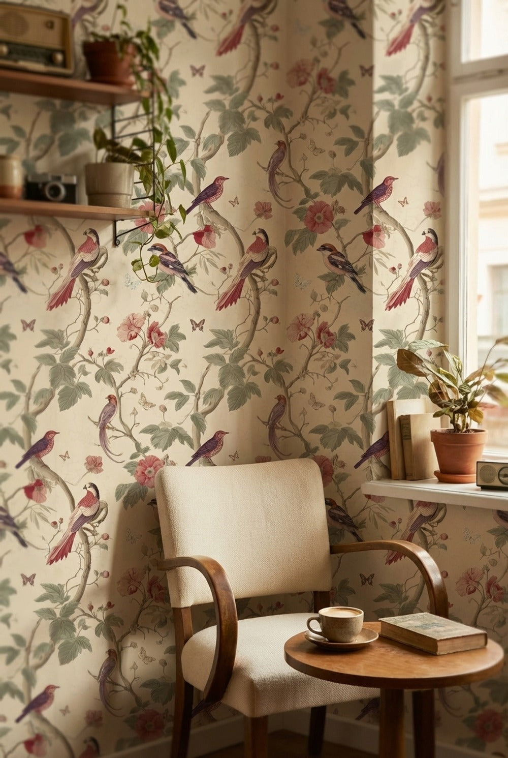 Kuş ve Çiçek Desenli Duvar Kağıdı Krem Vintage Salon