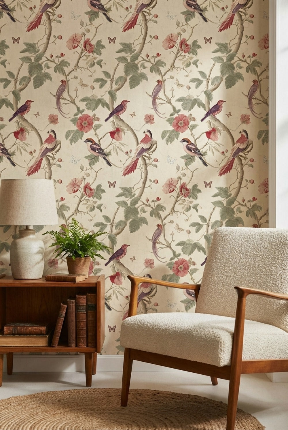 Kuş ve Çiçek Desenli Duvar Kağıdı Krem Vintage Salon