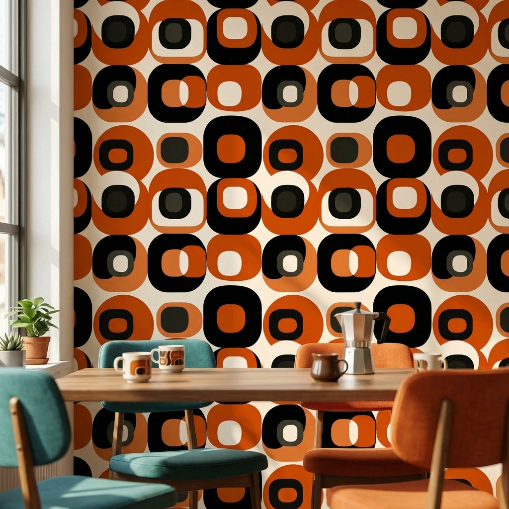 Retro Geometrik Duvar Kağıdı Turuncu Siyah Desenli Salon