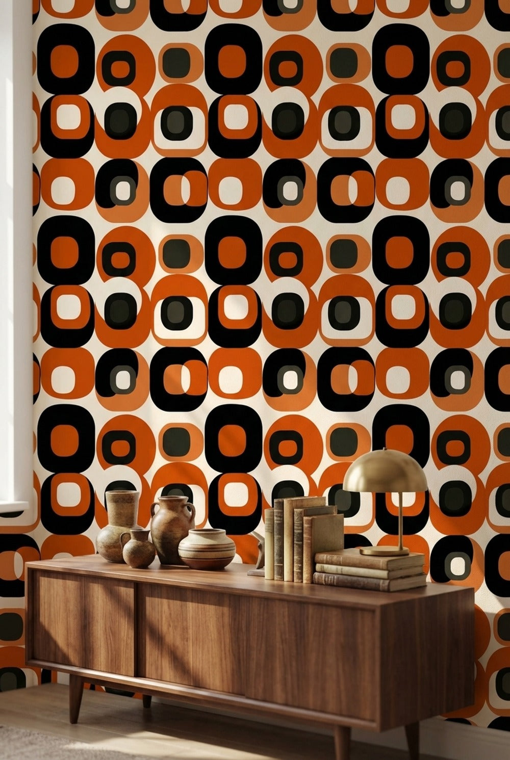 Retro Geometrik Duvar Kağıdı Turuncu Siyah Desenli Salon