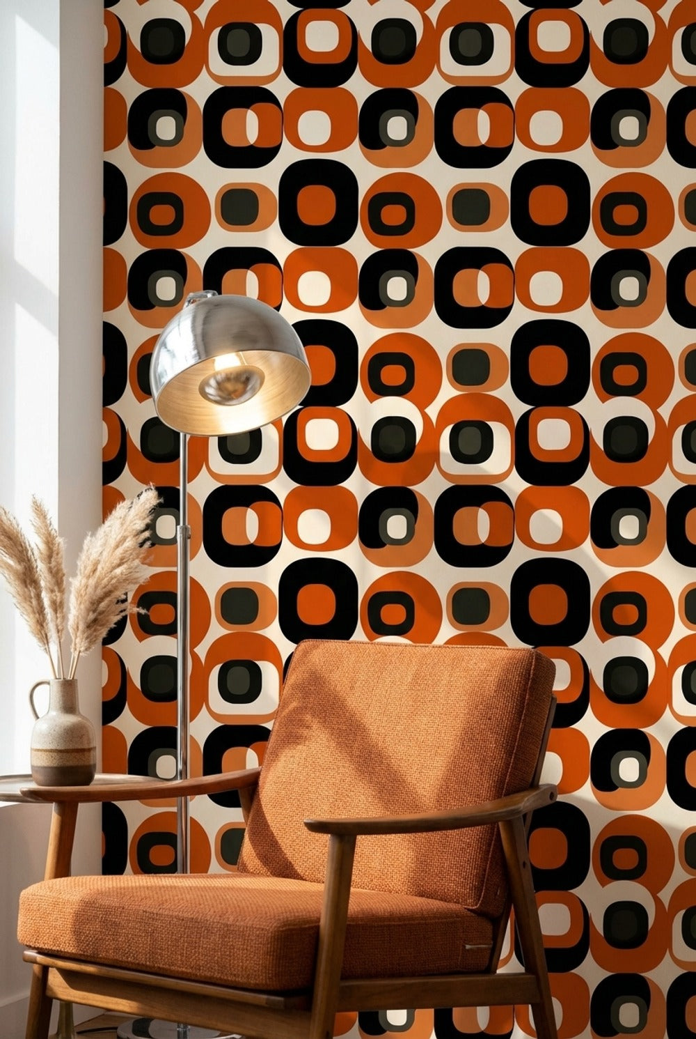 Retro Geometrik Duvar Kağıdı Turuncu Siyah Desenli Salon