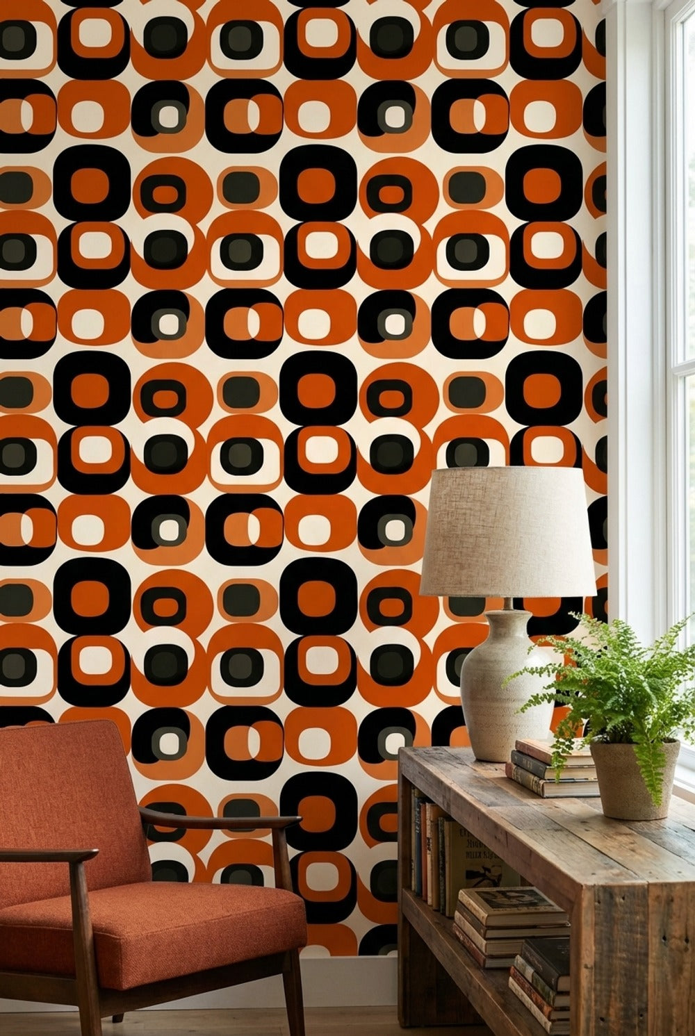 Retro Geometrik Duvar Kağıdı Turuncu Siyah Desenli Salon