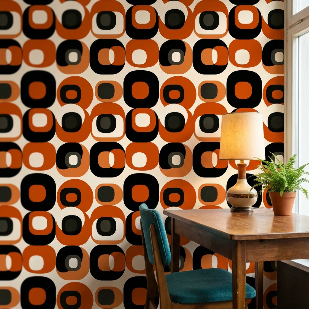 Retro Geometrik Duvar Kağıdı Turuncu Siyah Desenli Salon
