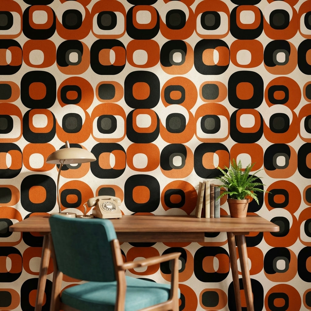 Retro Geometrik Duvar Kağıdı Turuncu Siyah Desenli Salon