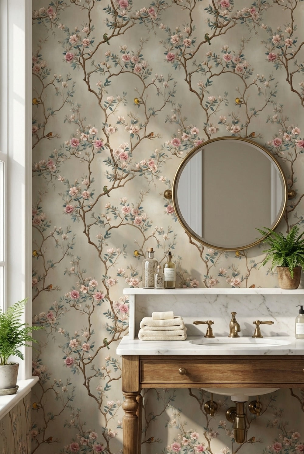 Kuşlu Çiçek Dallı Duvar Kağıdı Bej Klasik Salon