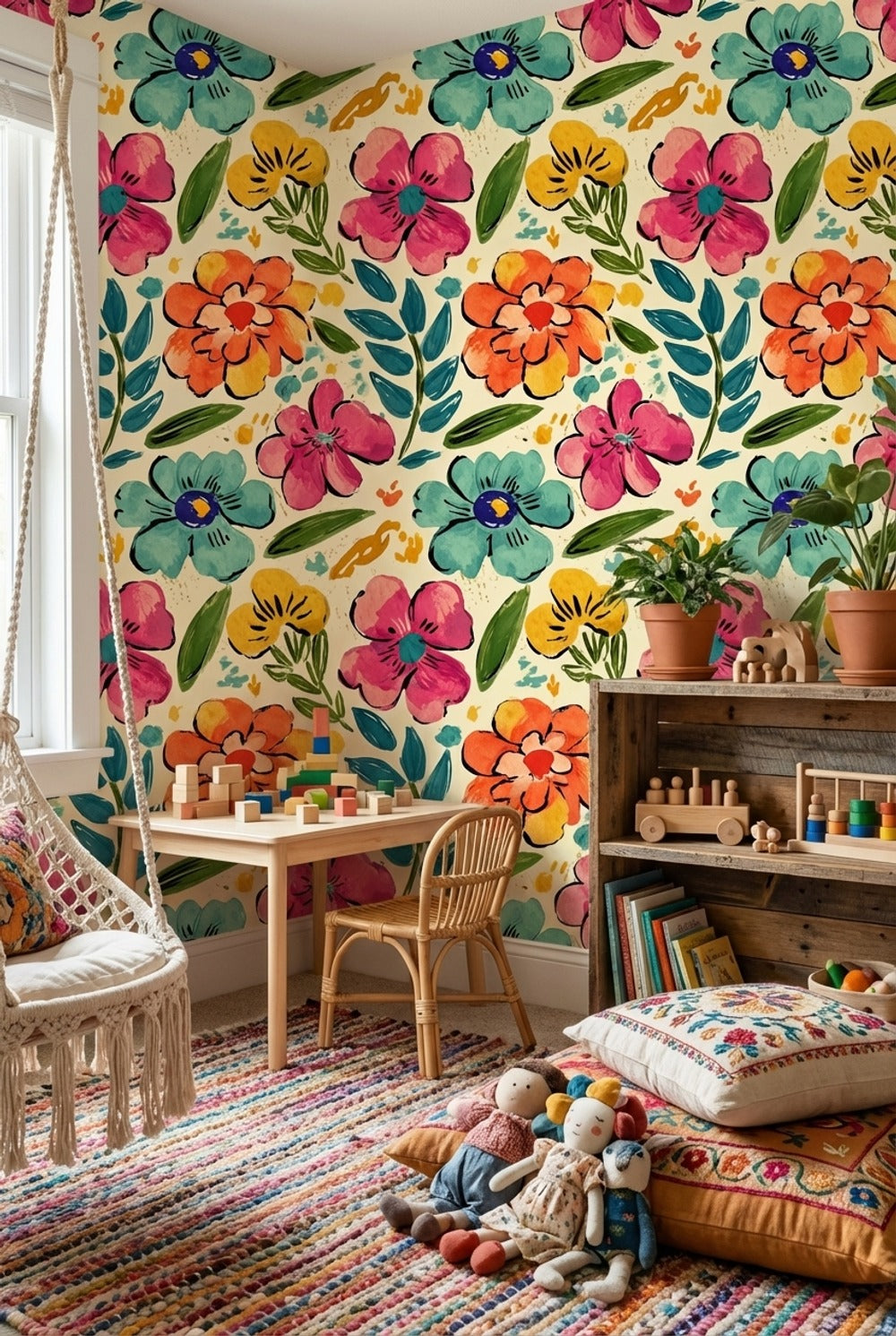 Renkli Suluboya Çiçekli Duvar Kağıdı Retro Desenli Salon