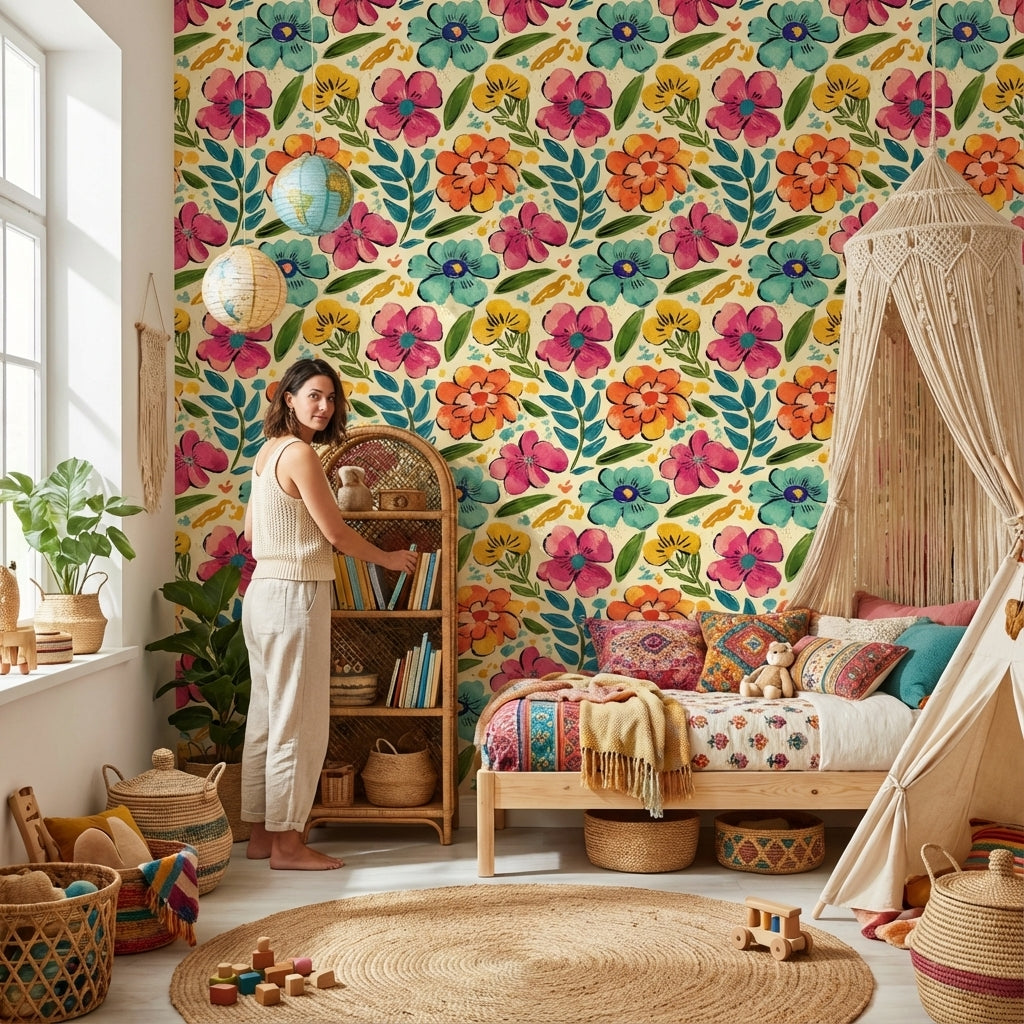 Renkli Suluboya Çiçekli Duvar Kağıdı Retro Desenli Salon
