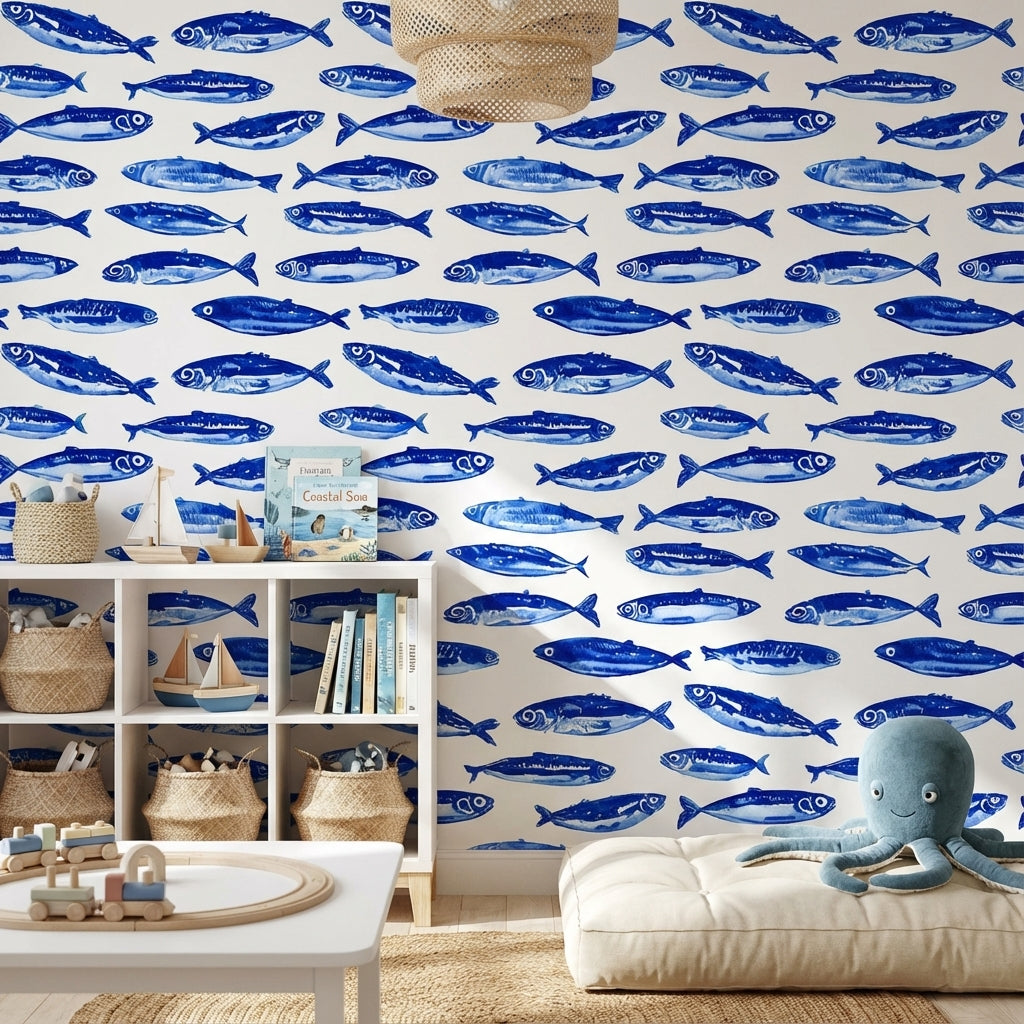 Mavi Balık Desenli Duvar Kağıdı Deniz Temalı Salon