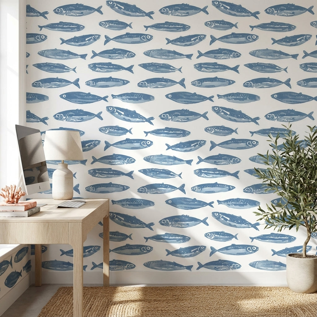 Mavi Balık Desenli Duvar Kağıdı Deniz Temalı Modern