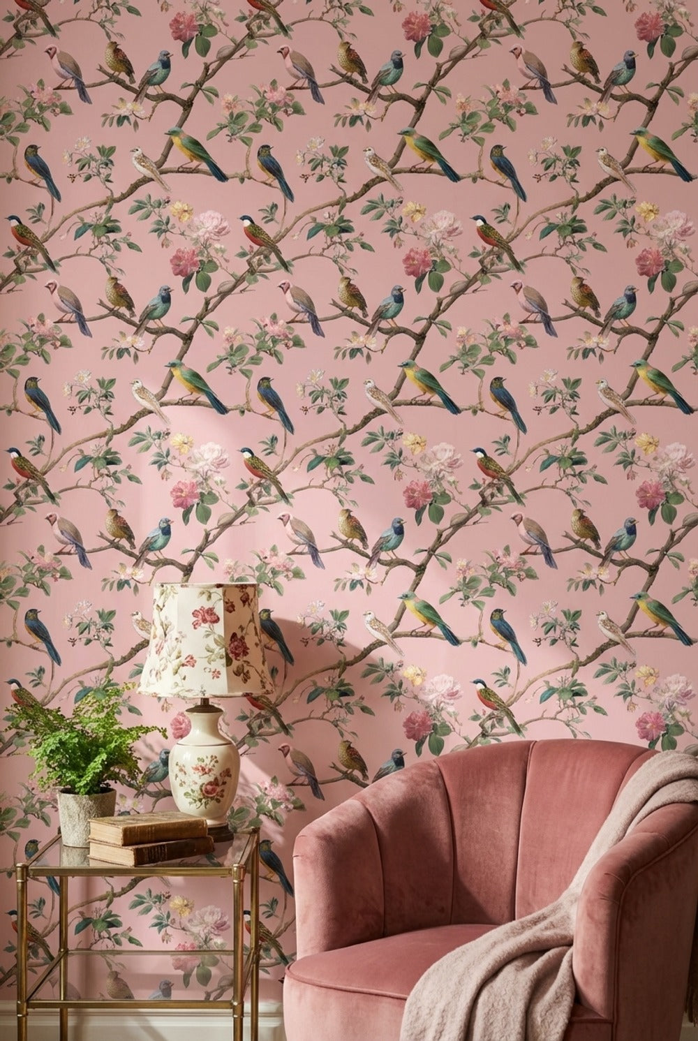 Kuş ve Çiçekli Duvar Kağıdı Pudra Pembe Vintage Desen