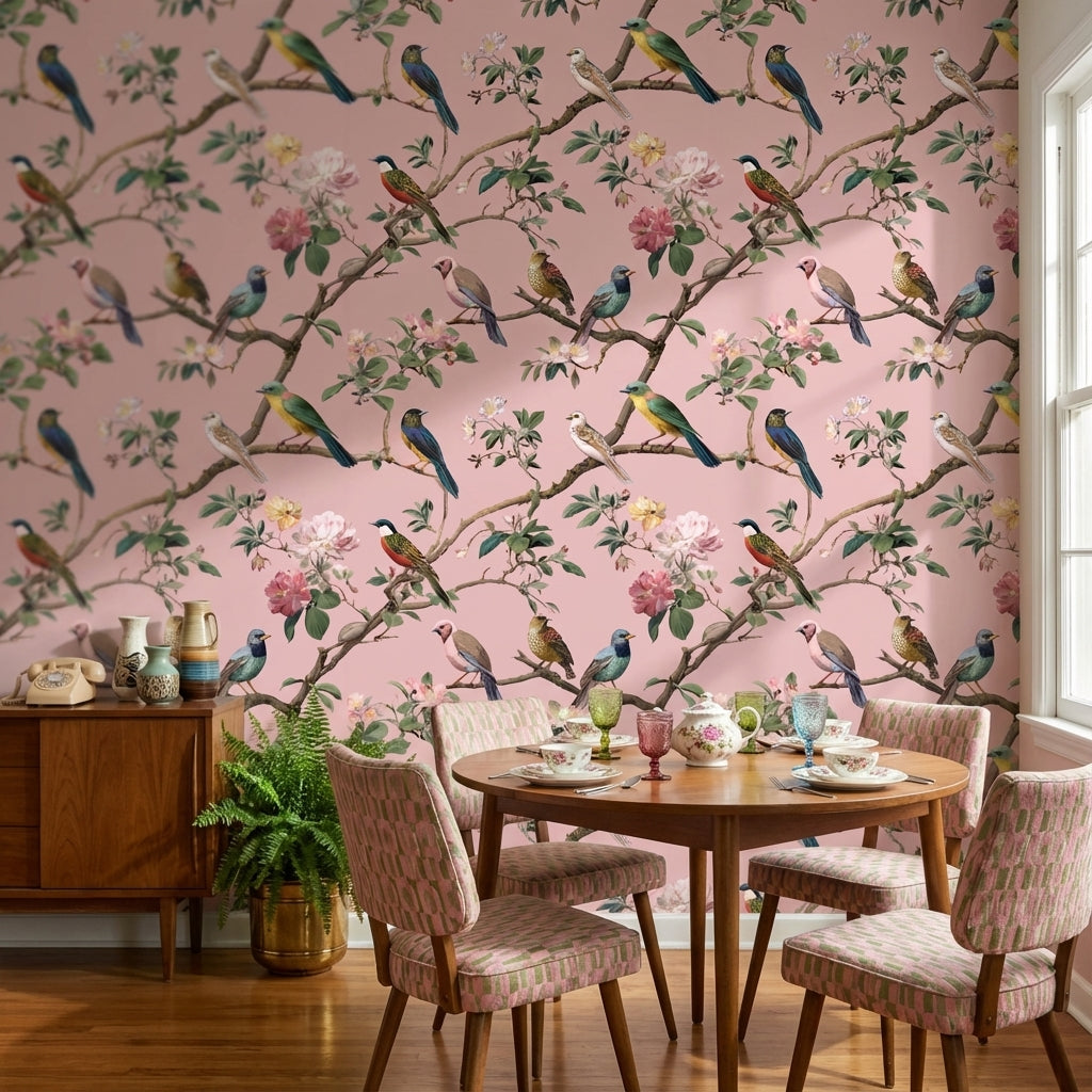Kuş ve Çiçekli Duvar Kağıdı Pudra Pembe Vintage Desen