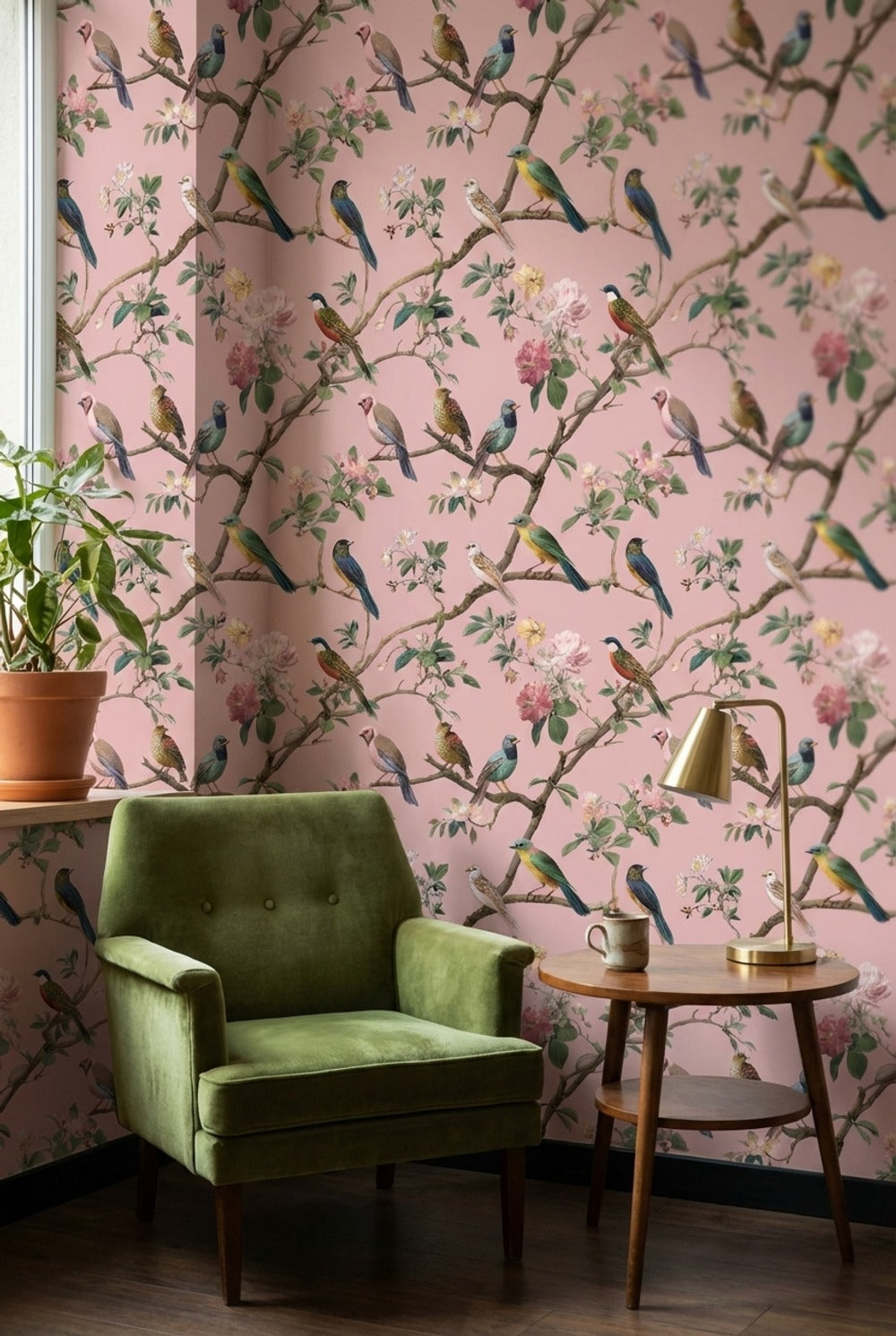 Kuş ve Çiçekli Duvar Kağıdı Pudra Pembe Vintage Desen
