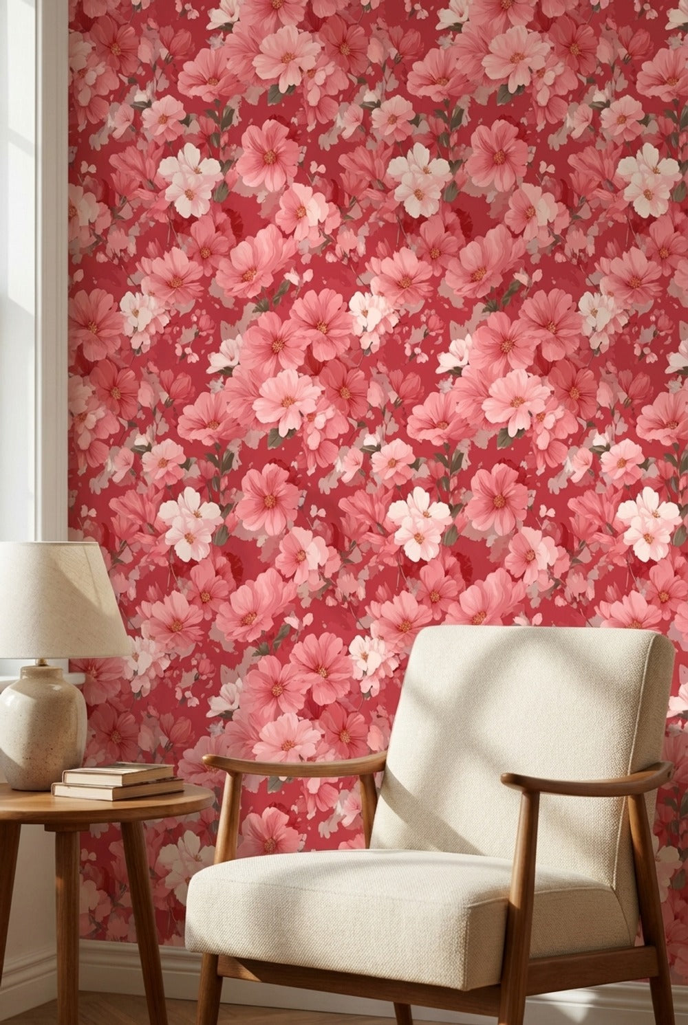 Pembe Çiçek Desenli Duvar Kağıdı Kırmızı Zemin Salon