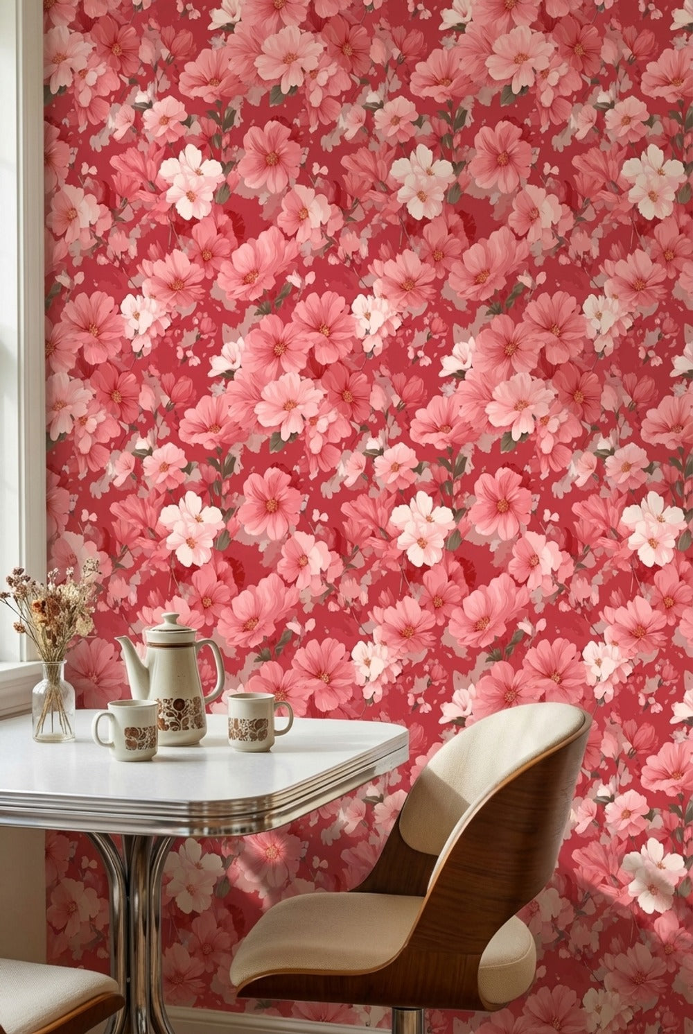 Pembe Çiçek Desenli Duvar Kağıdı Kırmızı Zemin Salon