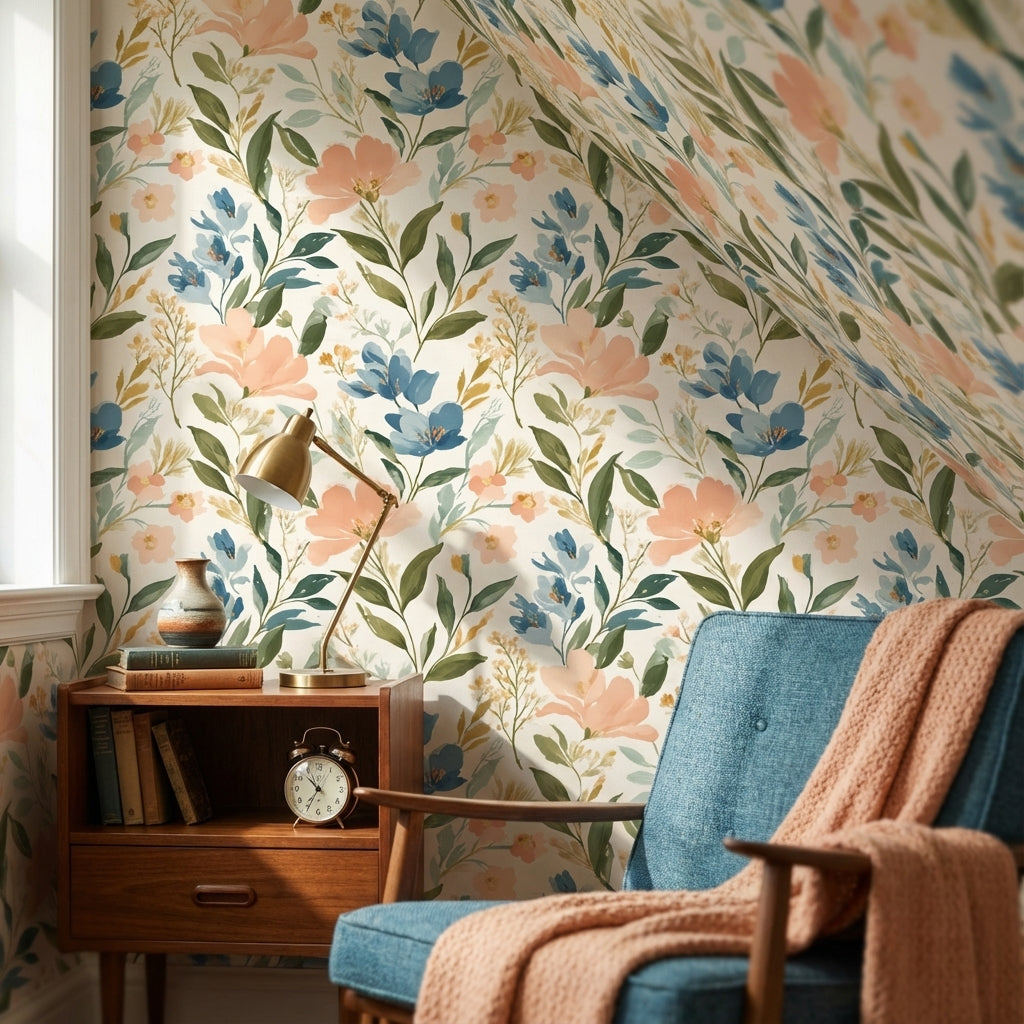 Pastel Çiçekli Duvar Kağıdı Mavi Pembe Salon Deseni