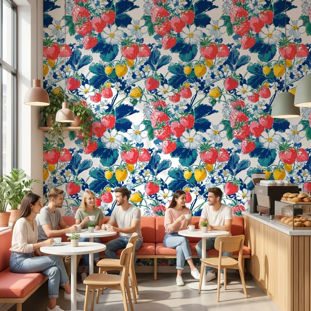 Çilek ve Papatya Desenli Duvar Kağıdı Renkli Mutfak