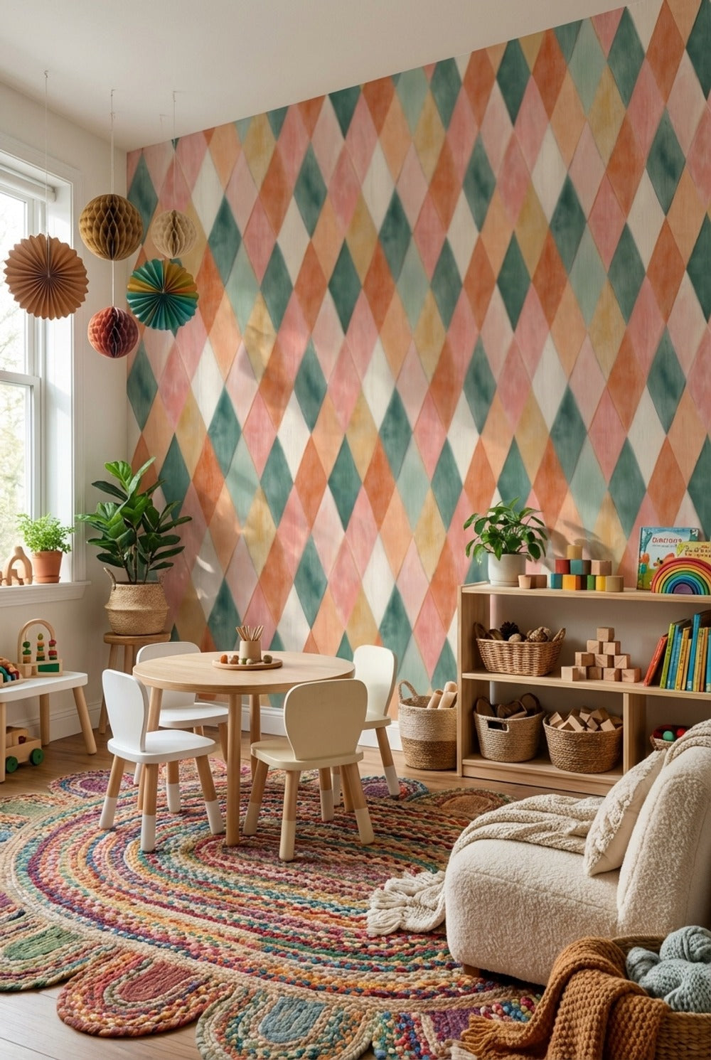 Renkli Baklava Desenli Duvar Kağıdı Pastel Geometrik Salon