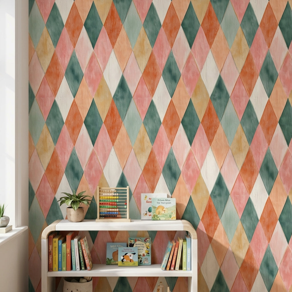 Renkli Baklava Desenli Duvar Kağıdı Pastel Geometrik Salon