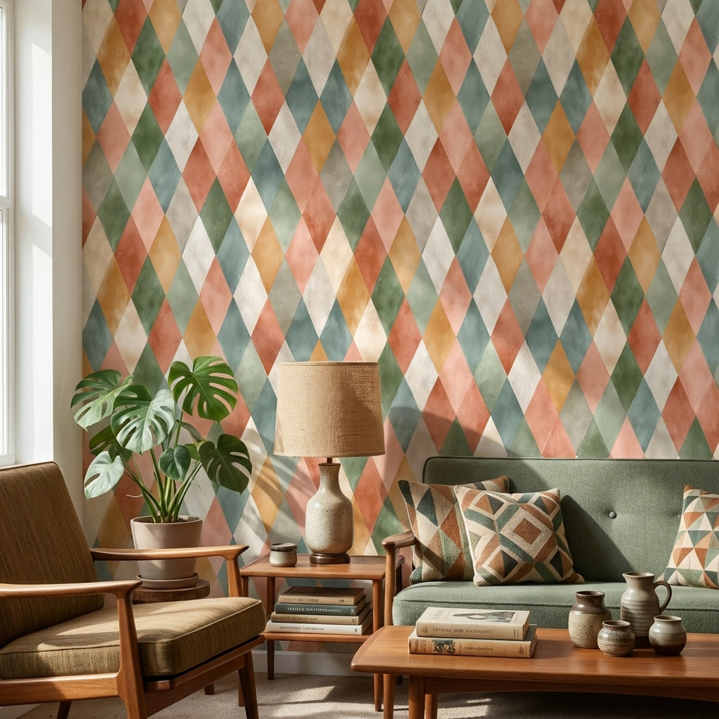 Harlequin Baklava Desenli Duvar Kağıdı Renkli Geometrik Banyo