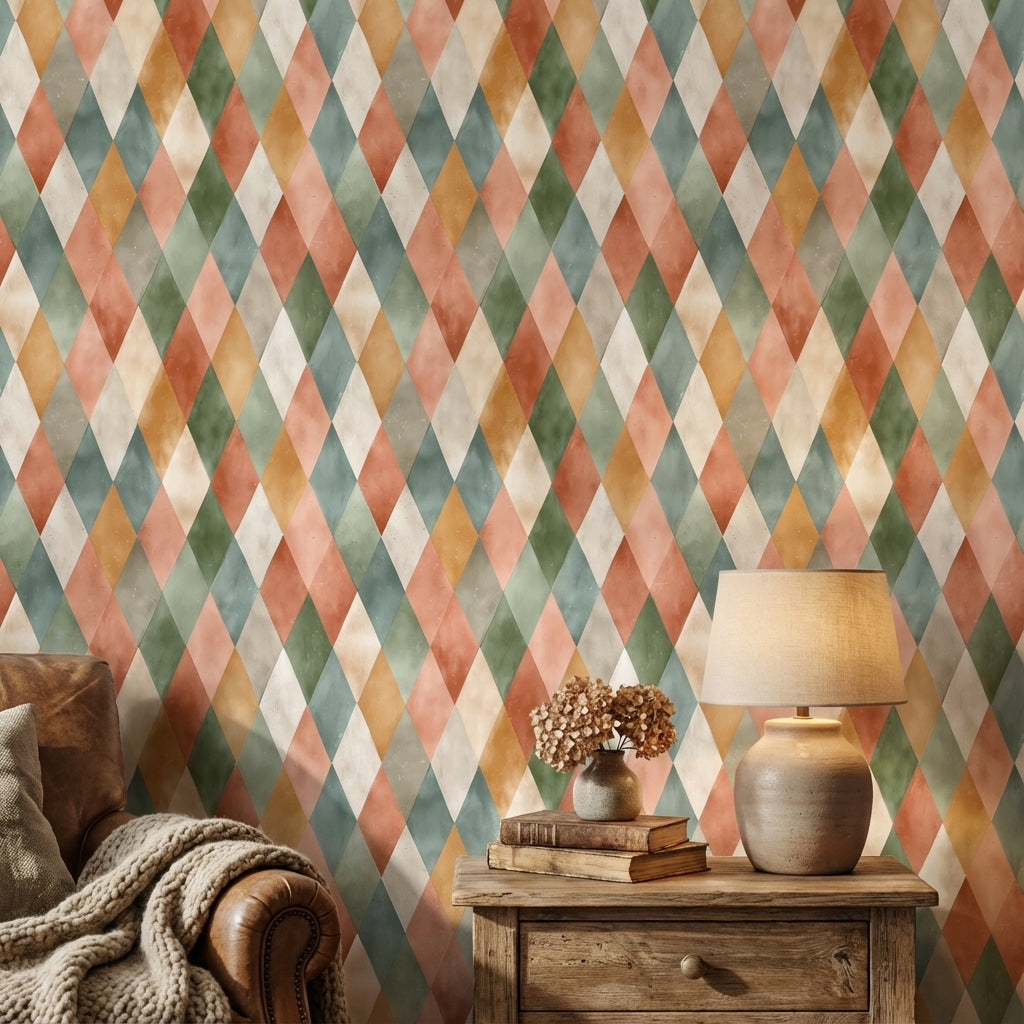Harlequin Baklava Desenli Duvar Kağıdı Renkli Geometrik Banyo
