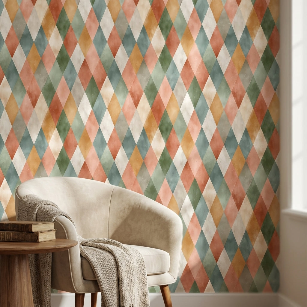 Harlequin Baklava Desenli Duvar Kağıdı Renkli Geometrik Banyo