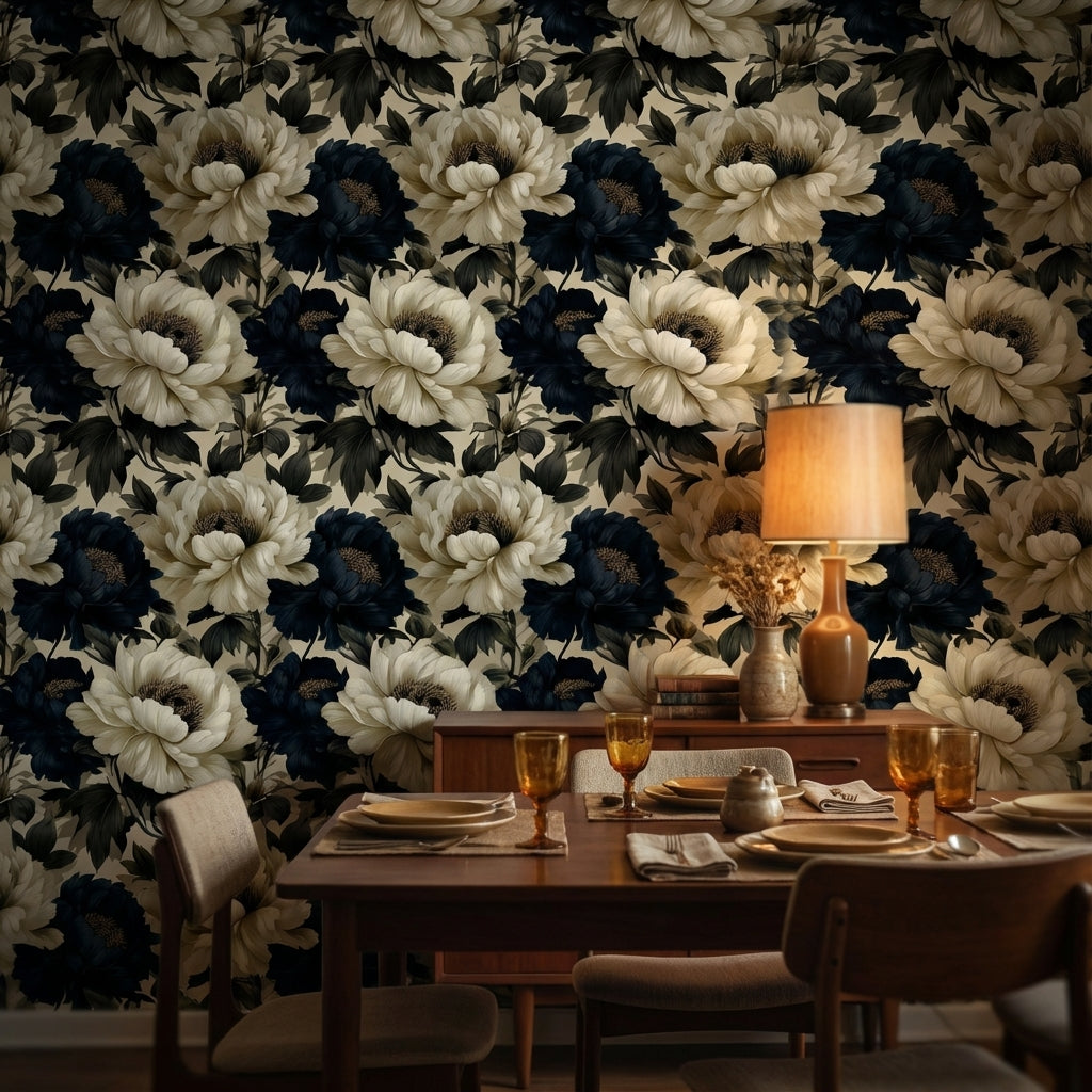 Büyük Çiçek Desenli Duvar Kağıdı Lacivert Bej Salon