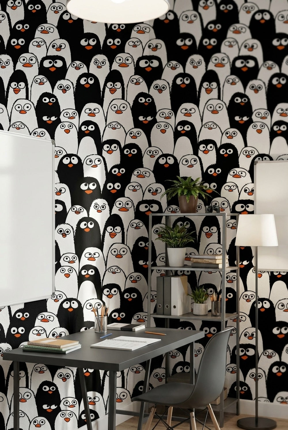 Penguen Desenli Duvar Kağıdı Siyah Beyaz Çocuk Odası