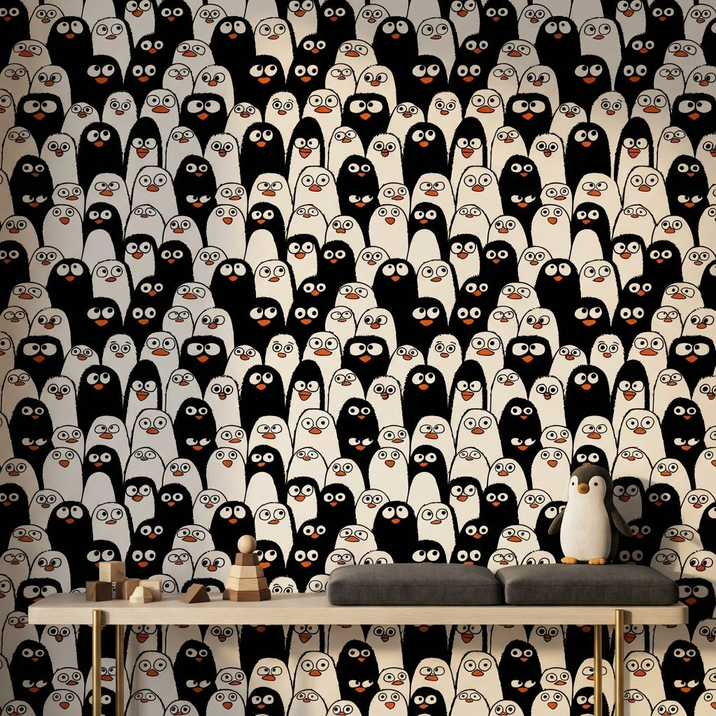 Penguen Desenli Duvar Kağıdı Siyah Beyaz Çocuk Odası
