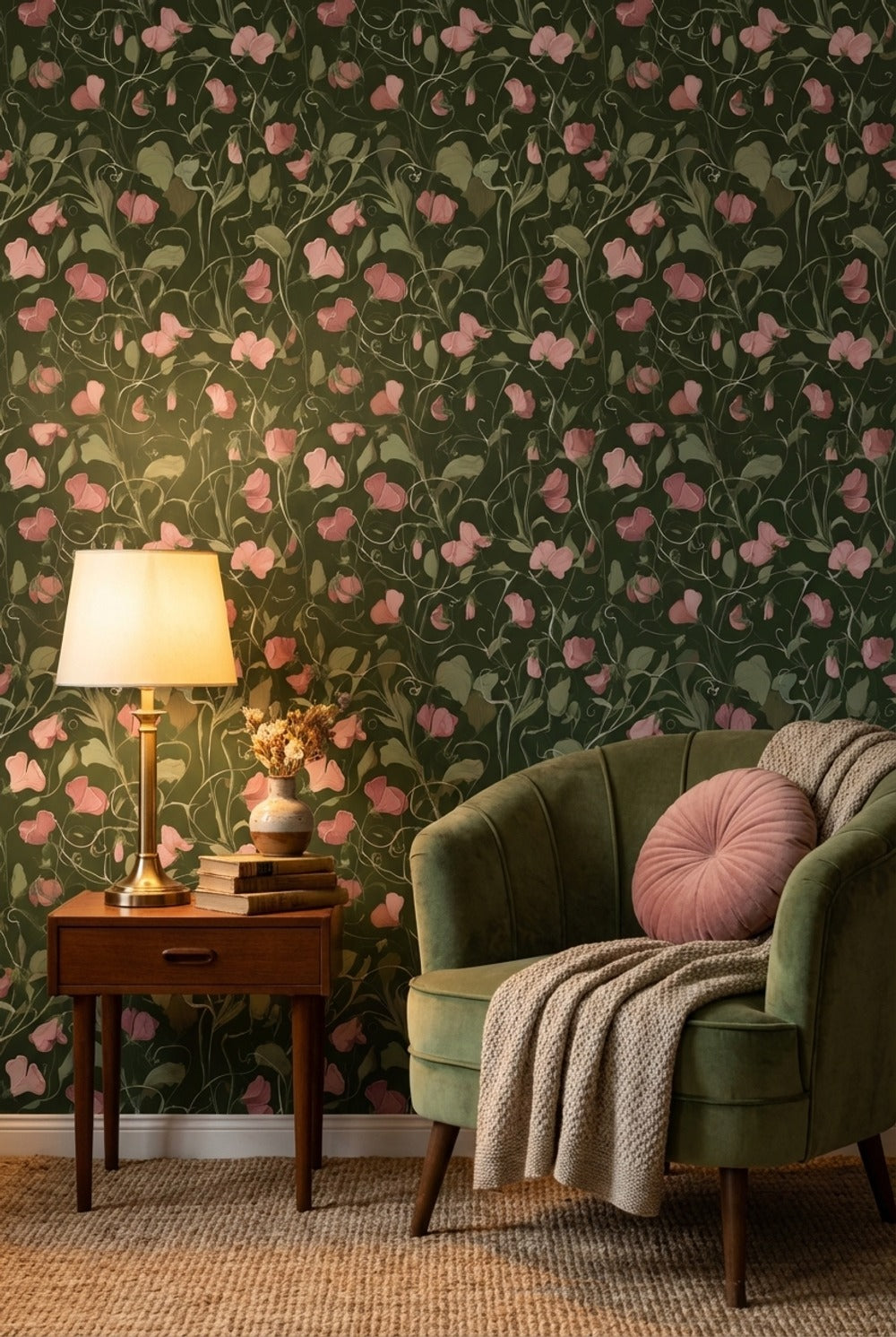 Pembe Çiçekli Duvar Kağıdı Koyu Yeşil Vintage Desen