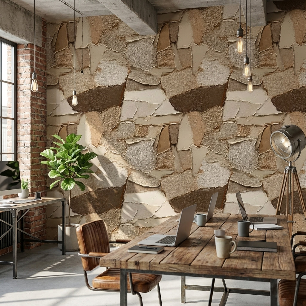 Taş Görünümlü Duvar Kağıdı Bej Kahverengi Desenli Modern