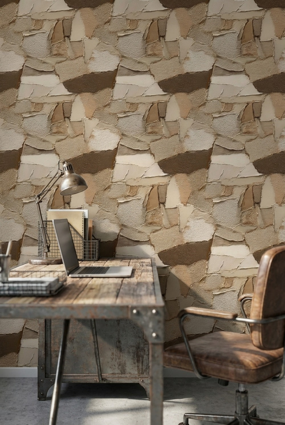 Taş Görünümlü Duvar Kağıdı Bej Kahverengi Desenli Modern