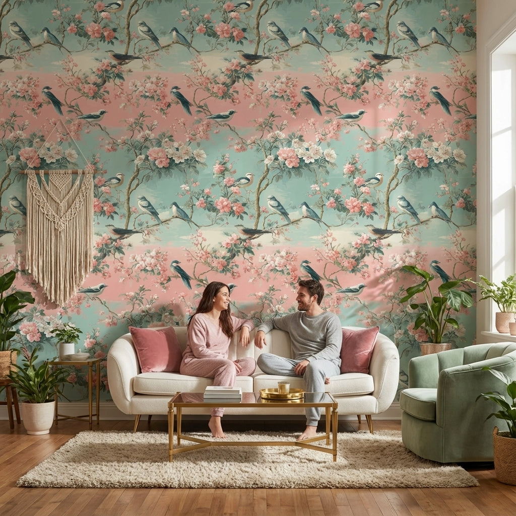 Kuşlu Çiçek Desenli Duvar Kağıdı Pastel Yeşil Pembe