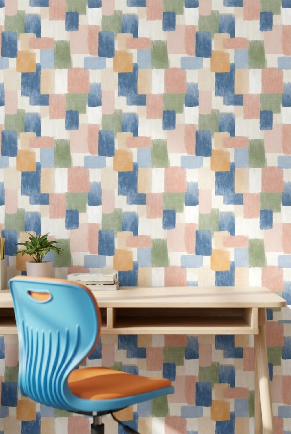 Geometrik Kare Desenli Duvar Kağıdı Pastel Mavi Salon