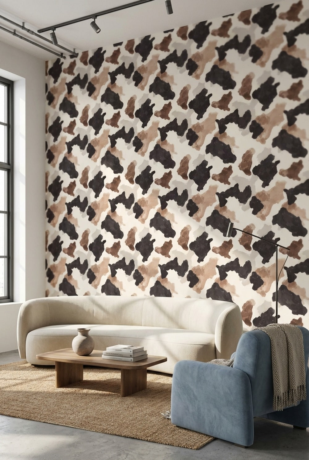 Soyut Kamuflaj Desenli Duvar Kağıdı Bej Siyah Modern Salon