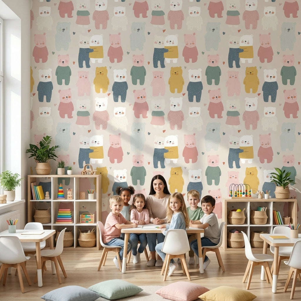 Renkli Ayıcık Desenli Duvar Kağıdı Çocuk Odası Pastel