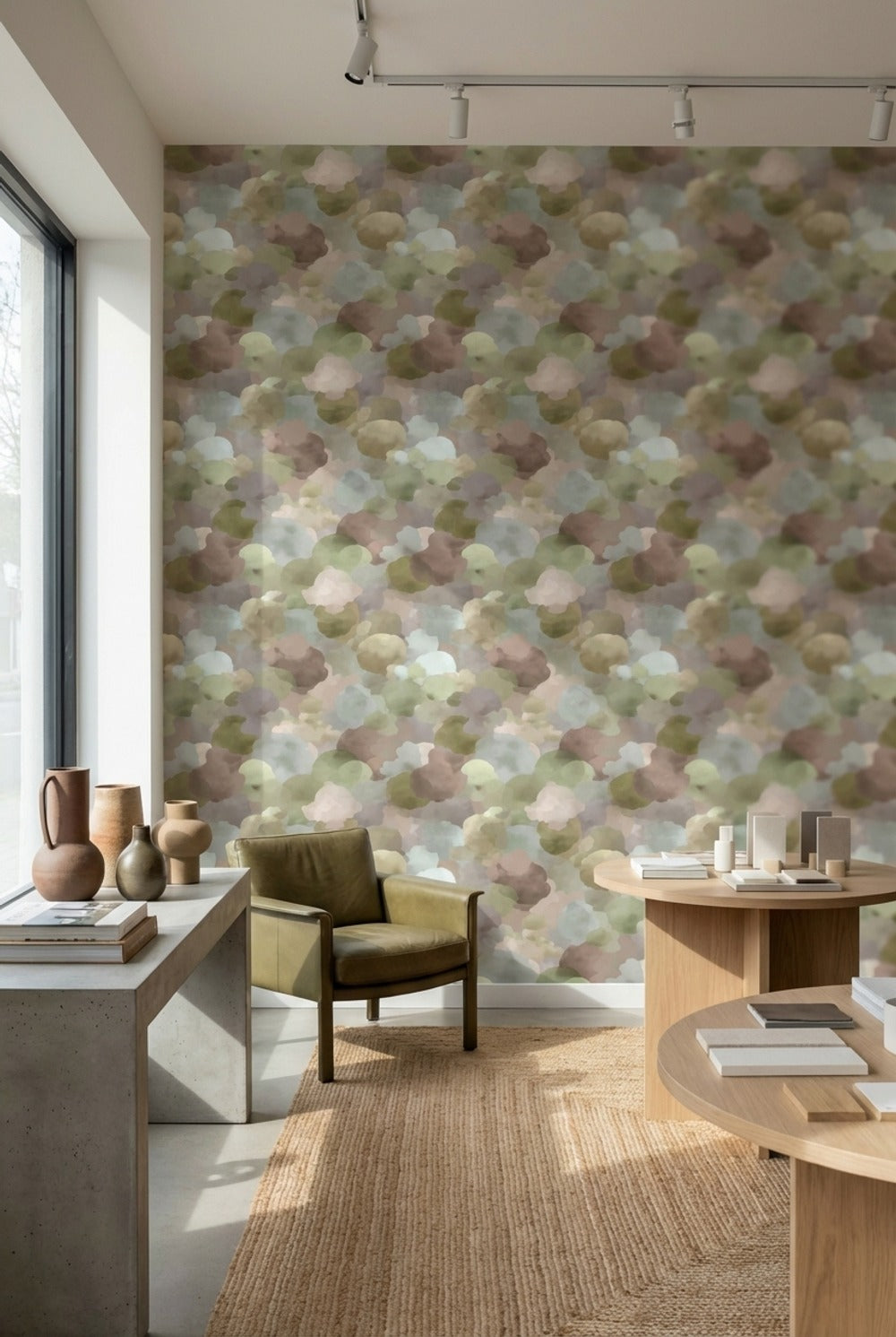 Soyut Bulut Desenli Duvar Kağıdı Pastel Yeşil Bej Salon