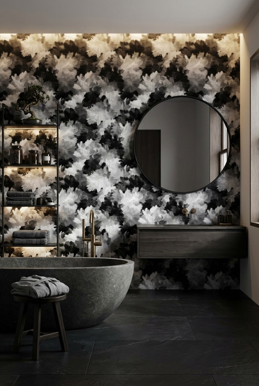 Siyah Beyaz Çiçek Desenli Duvar Kağıdı Modern Salon