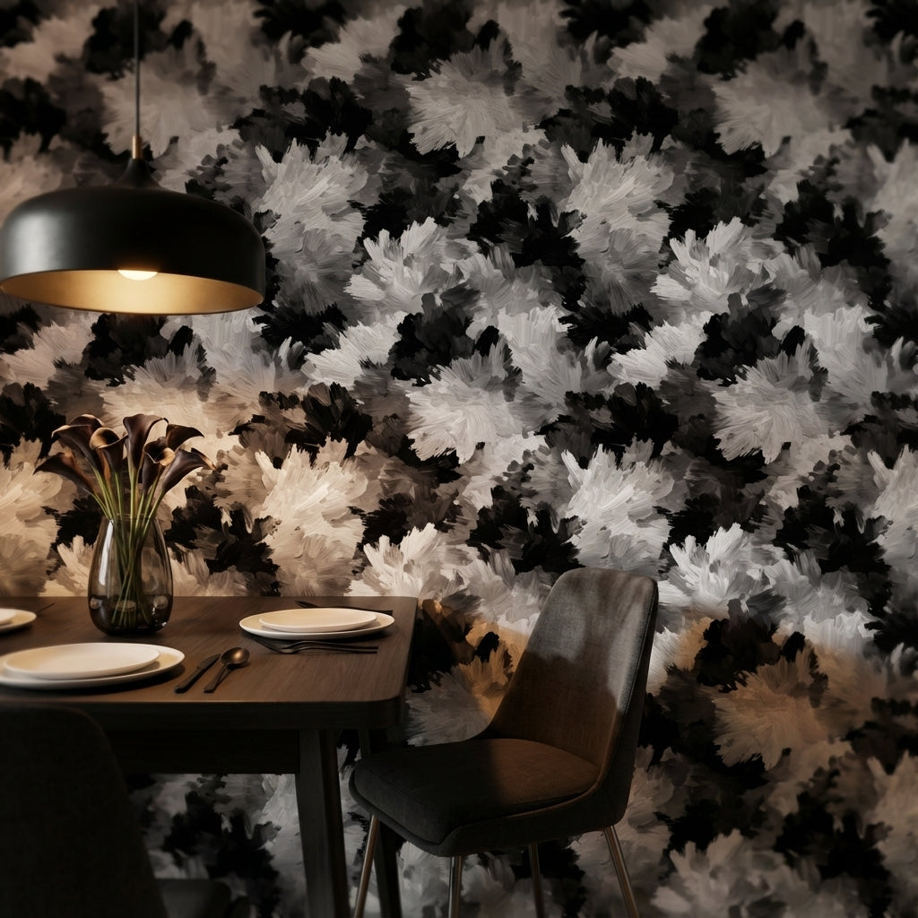 Siyah Beyaz Çiçek Desenli Duvar Kağıdı Modern Salon