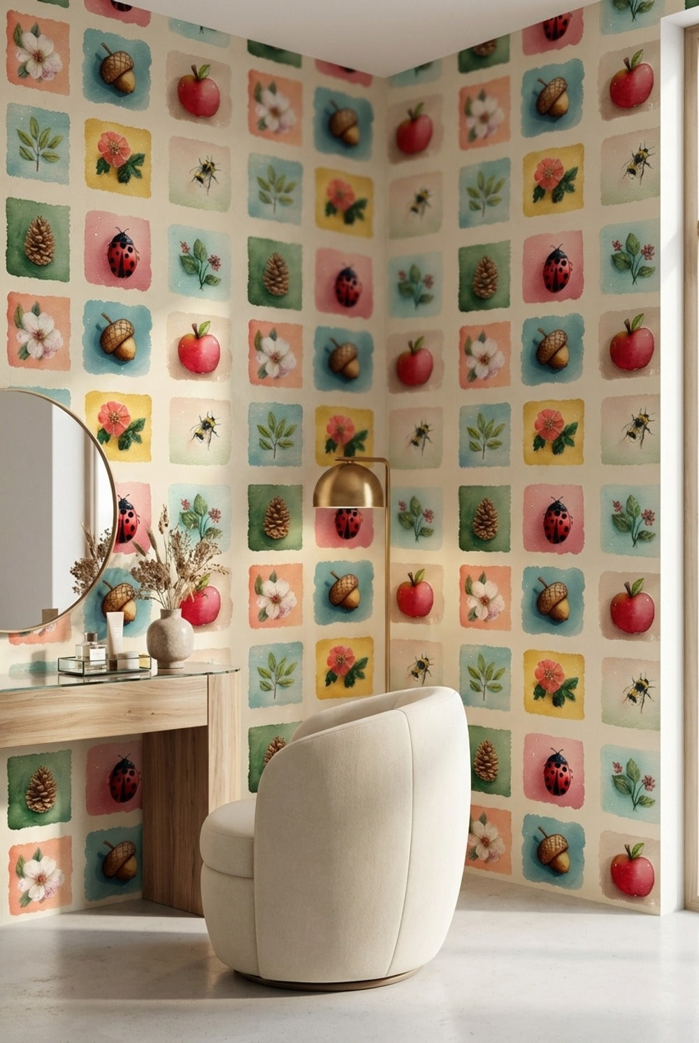 Pastel Orman Motifli Duvar Kağıdı Renkli Kare Desen