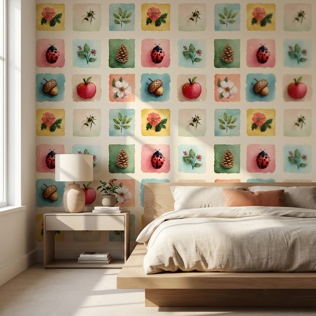 Pastel Orman Motifli Duvar Kağıdı Renkli Kare Desen