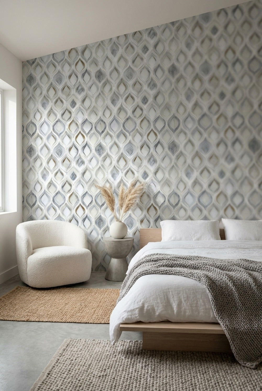 Geometrik Damla Desenli Duvar Kağıdı Beyaz Gri Modern