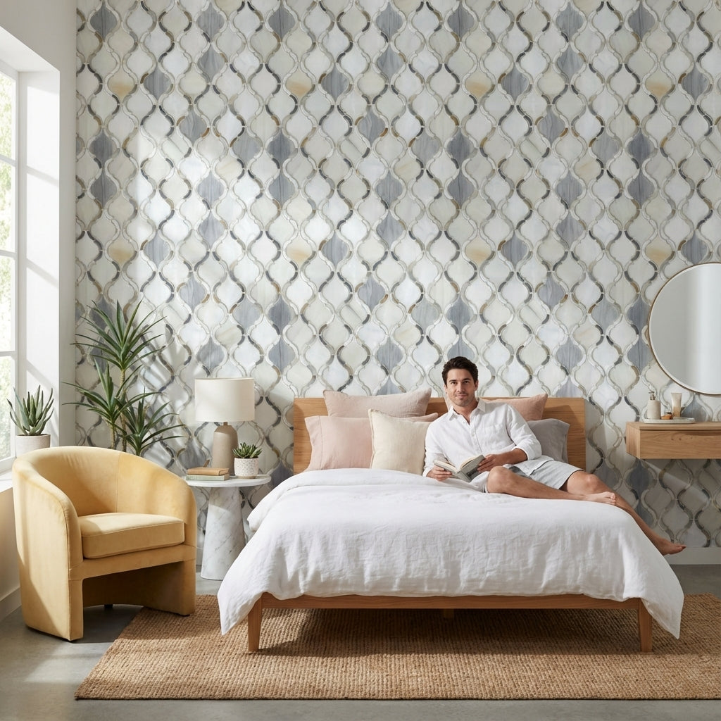Geometrik Kafes Desenli Duvar Kağıdı Gri Krem Modern