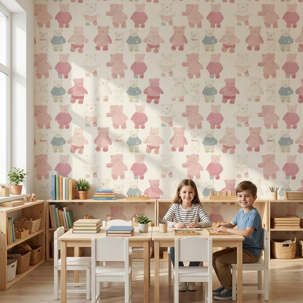 Suluboya Ayıcık Desenli Duvar Kağıdı Pembe Çocuk Odası
