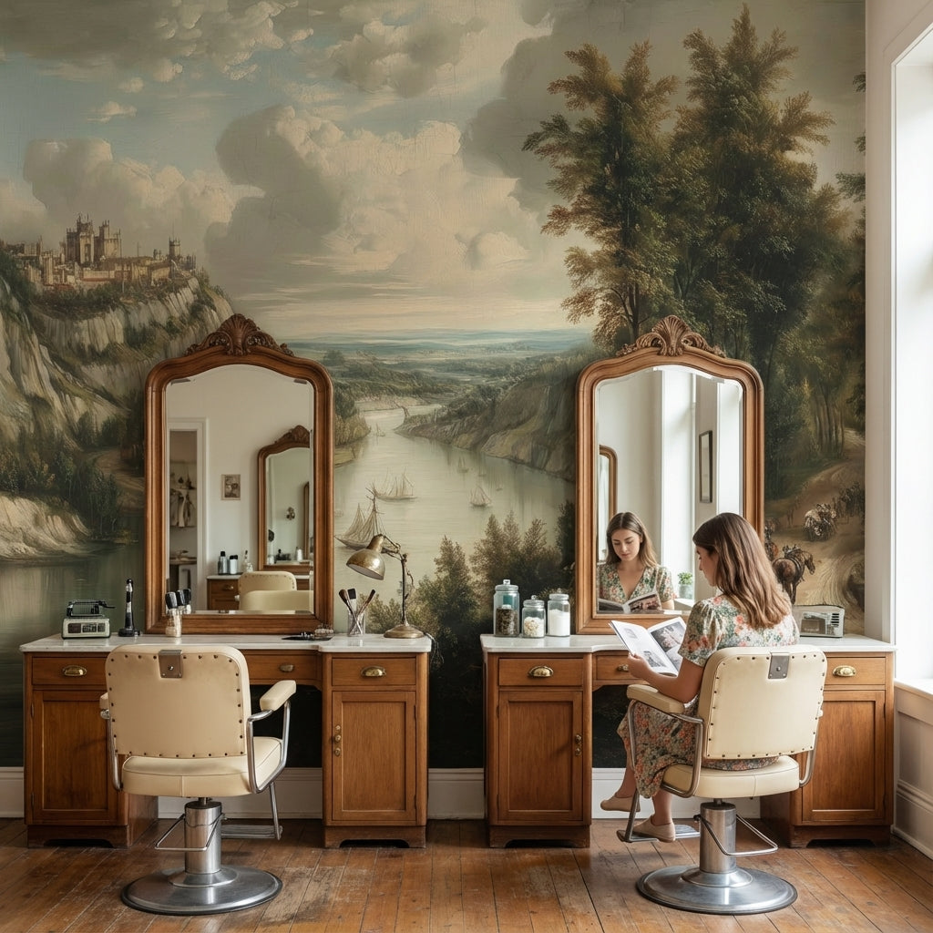 Nehir Manzaralı Poster Duvar Kağıdı Vintage Doğa Salon