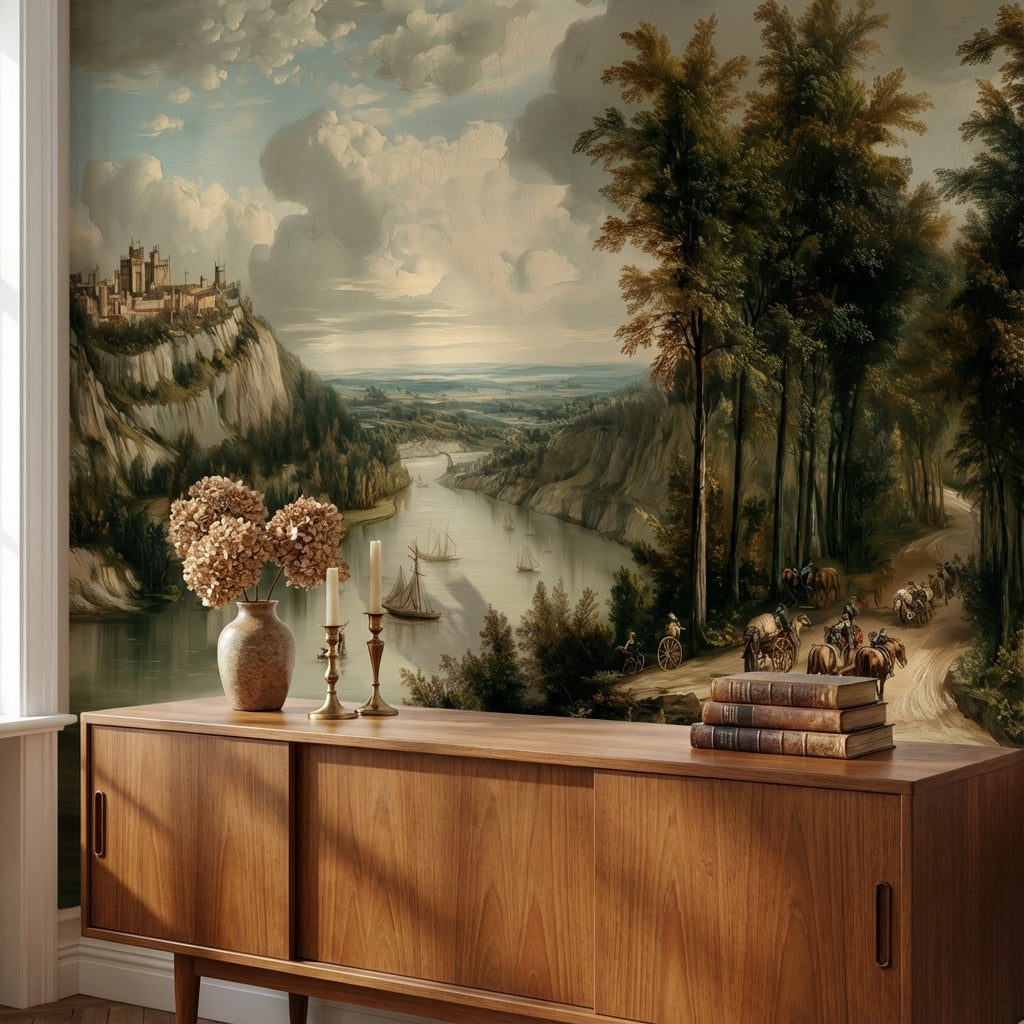 Nehir Manzaralı Poster Duvar Kağıdı Vintage Doğa Salon
