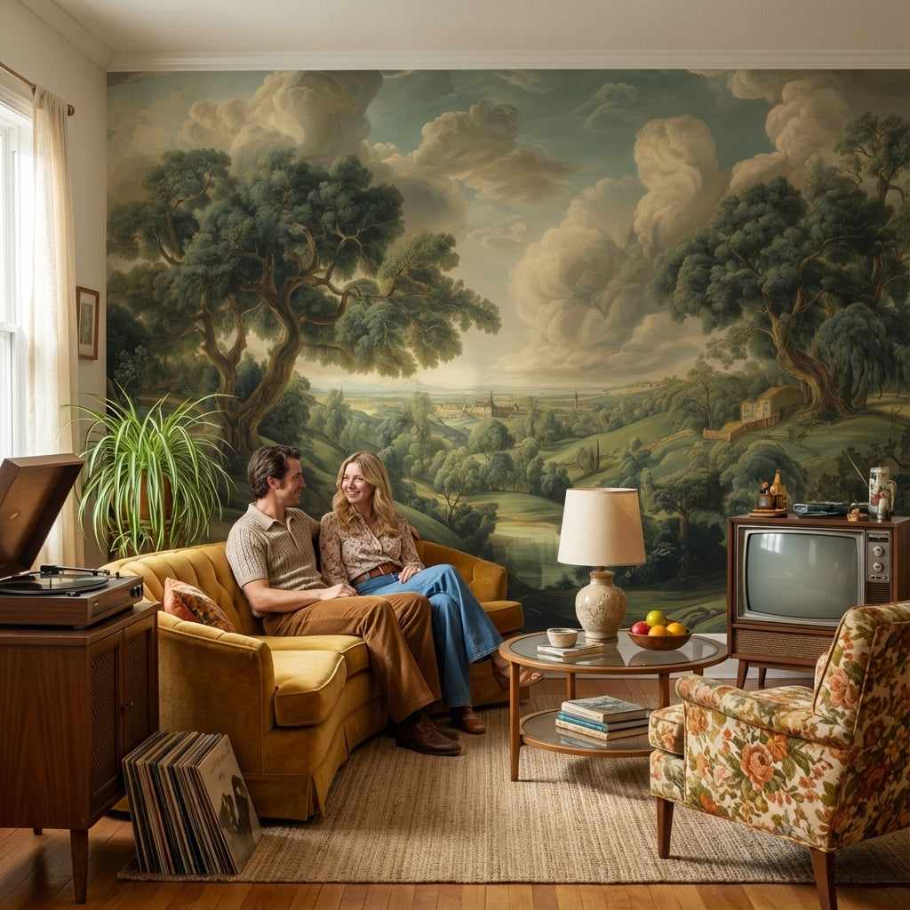 Pastoral Manzara Poster Duvar Kağıdı Yeşil Ağaçlı Salon