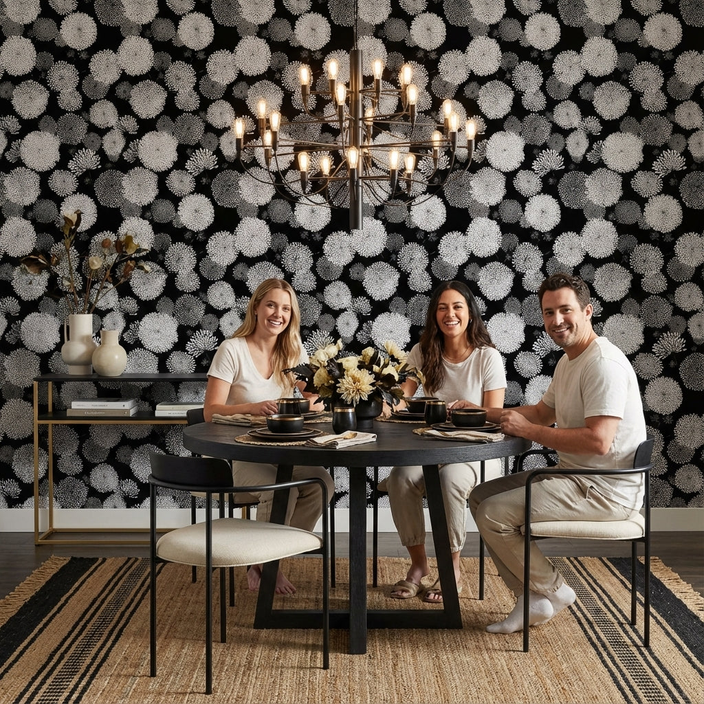Siyah Beyaz Papatya Desenli Duvar Kağıdı Modern Salon