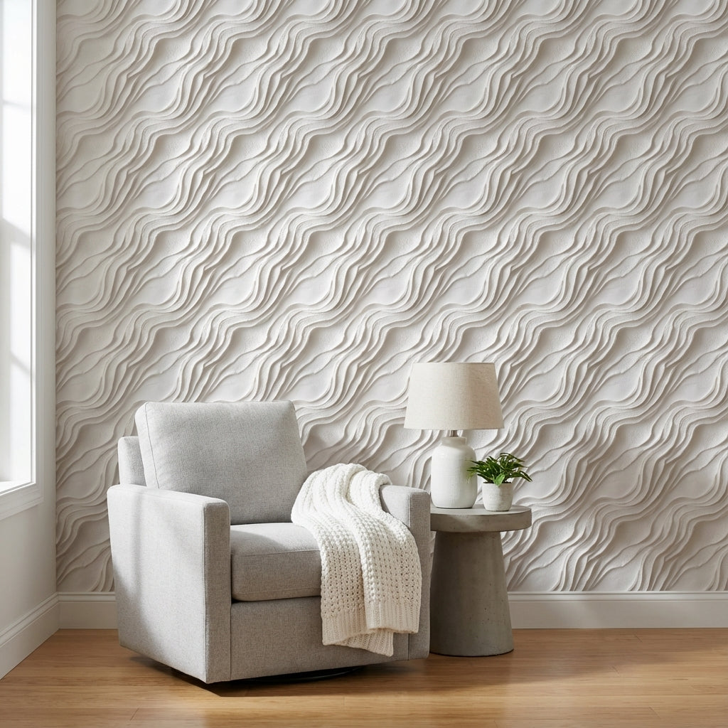 Dalga Desenli Duvar Kağıdı Krem Minimal Salon Duvar Dekoru