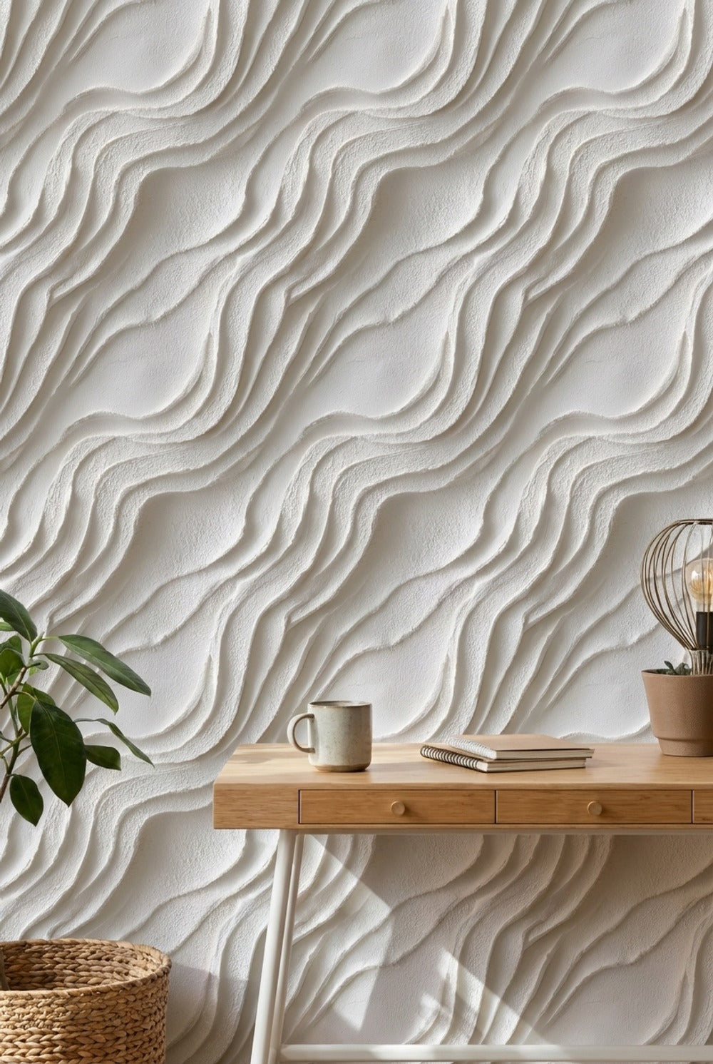 Dalga Desenli Duvar Kağıdı Krem Minimal Salon Duvar Dekoru