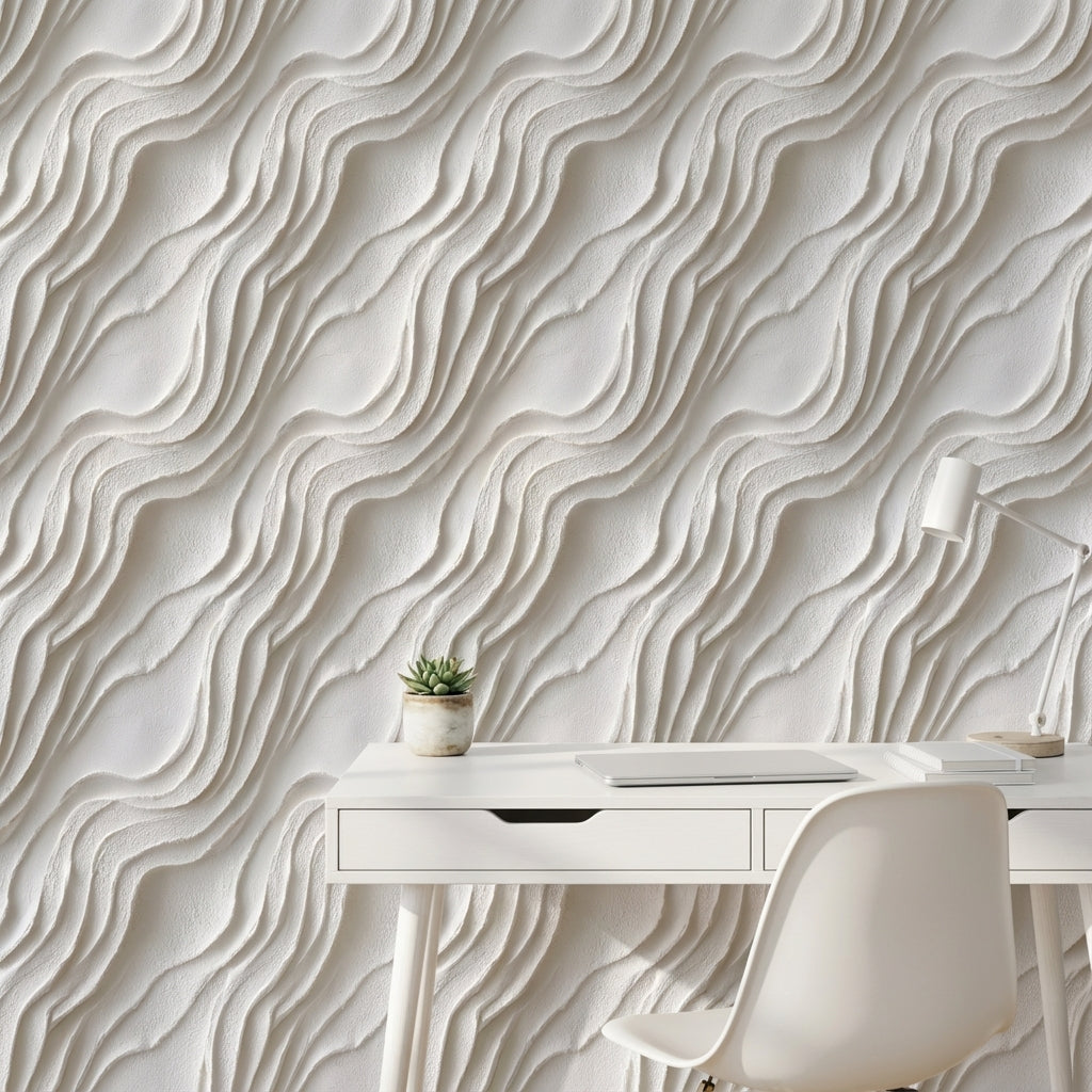 Dalga Desenli Duvar Kağıdı Krem Minimal Salon Duvar Dekoru